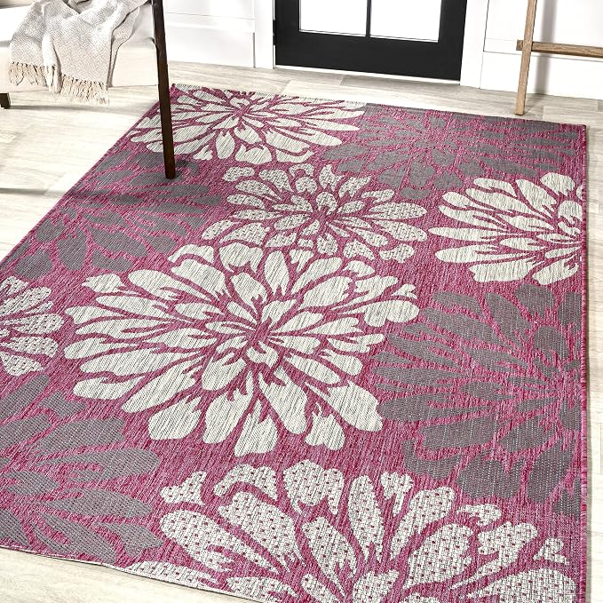 JONATHAN Y Floral Textured Weave Indoor Outdoor Area Rug 5X8 Fuchsia/Light Gray, Zinnia Modern for Backyard, Patio, Porch, Easy-Cleaning, High Traffic, Pet-Friendly, Non-Shedding (SMB110F-5)