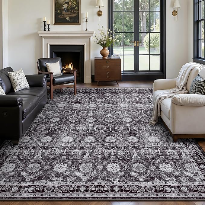 5x7 Area Rugs, Soft Non Slip Low Pile Washable Rug, Boho Modern Rug for Living Room, Bedroom, Dining Room, Black