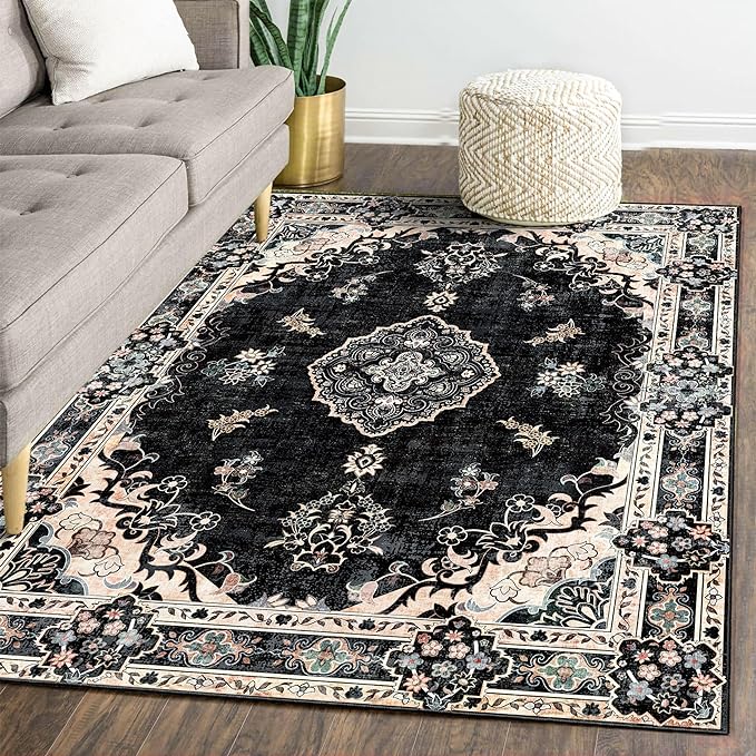 MUJOO 5'x7' Area Rugs Black Washable Boho Rug Non Slip Low-Pile Floral | Machine Washable Large Throw Carpet for Bedroom Living Room Dining Room Soft Floor Indoor Vintage Bohemian Flowers