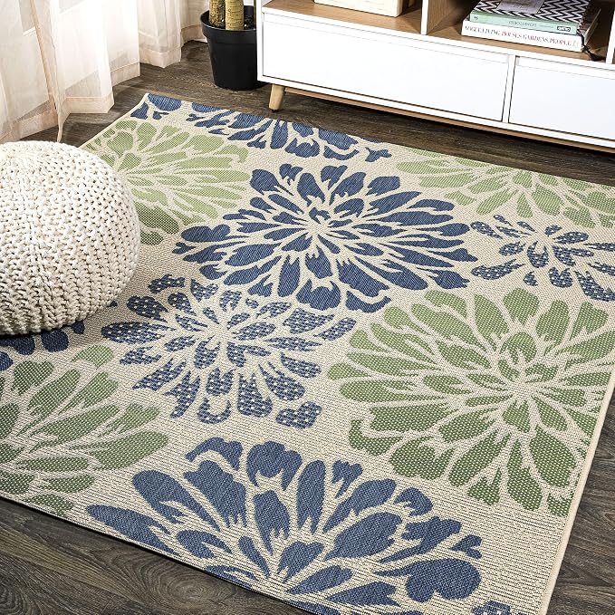 JONATHAN Y Floral Textured Weave Indoor Outdoor Square Area Rug 4X4 Navy/Green, Zinnia Modern for Backyard, Patio, Porch, Easy-Cleaning, High Traffic, Pet-Friendly, Non-Shedding (SMB110B-4SQ)