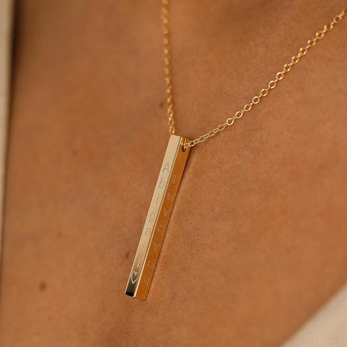 Personalized Vertical Bar Necklace for Women, 4-Side Engravable Cube Pendant, 16K Gold Silver Rose Gold Plated Stainless Steel, Dainty Minimalist Jewelry, Bridesmaid Wedding Birthday Gift