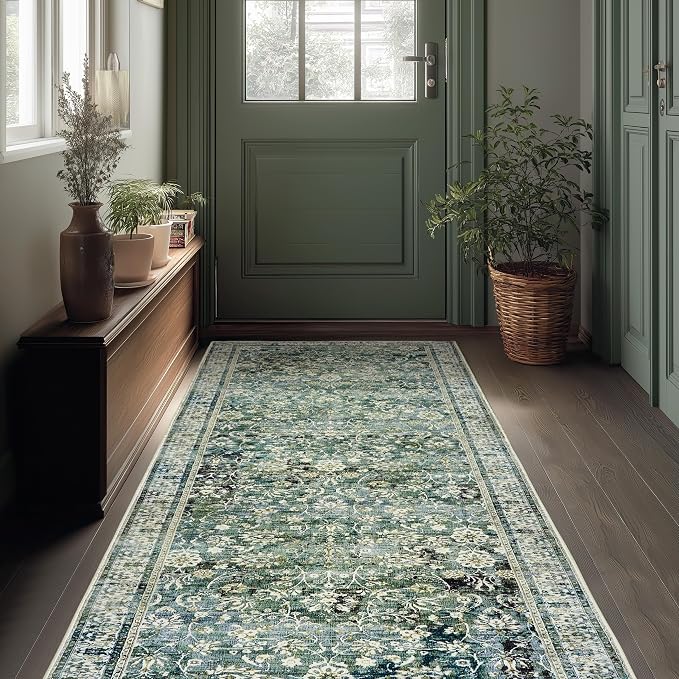 Green Washable Bathroom Hallway Runner Rug with Rubber Backing Non Slip Vintage Boho Floral Long Runners Rugs for Entryway Indoor Laundry Room Bath Floor Kitchen,2x6,24x72 Inch,Dark Emerald and Blue