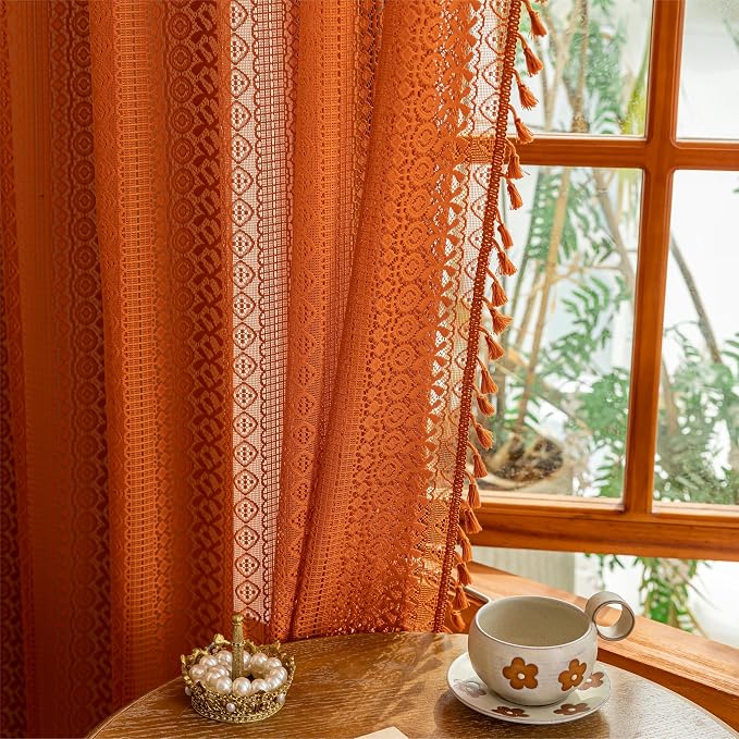 Sutuo Home Sheer Lace Boho Curtains 2 Panels for Living Room Home Office, Burnt Orange Window Curtains Farmhouse Privacy Vintage Chic Tassels Rustic Halloween Decor Rod Pocket, 50" x 102" Terracotta