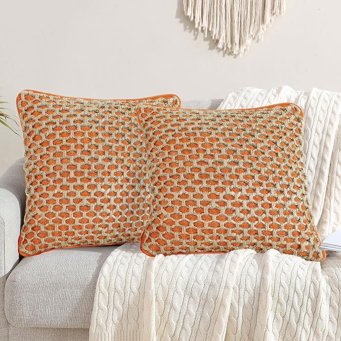 Boho Living Jada Premium Woven Design, Decorative Throw, Living Room Décor, (2) 20" x 20" Pillow Covers with Insert, Harvest Orange 2 Count