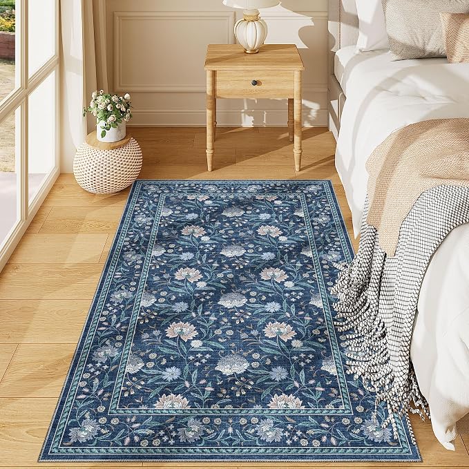 DUKINO 3x5 Rug, Washable Vintage Floral Bedroom Area Rug Non Slip Dark Blue | Low Pile, Non-Shedding, Stain Resistant Boho Lightweight Soft Indoor Carpet for Bathroom Office Dining Living Room Farmhouse