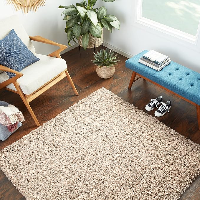 Unique Loom Solid Shag Collection Area Rug (5' 1" Square, Taupe) | Modern solid area rug for dining room, living room & bedroom. Stain-resistant, easy-care, kid & pet friendly