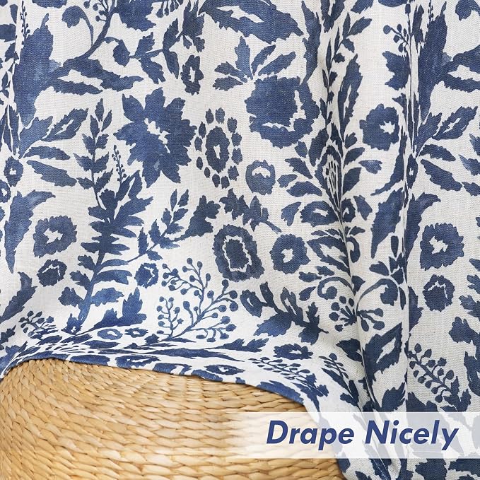 DriftAway Julia 100% Blackout Curtains Back Tab 2 Panels, W52xL84, Navy | Floral Curtains, Bedroom, Living Room, Linen Blend, Watercolor Pattern, 2 Layers, Thermal Insulated, Window Treatment