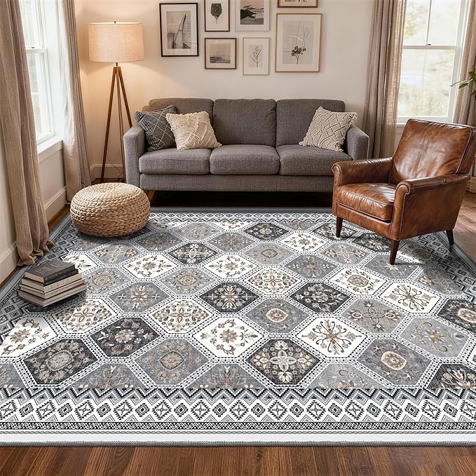 6x9 Area Rugs for Living Room, Non-Slip Vintage Boho Moroccan, Gray/ Gold | TTelephant Soft Low-Pile Printed Washable Gray Rug for Living Room, Bedroom, Dining Room, Playroom