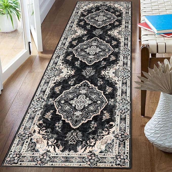 MUJOO Black Runner Rug Washable 2x8 Area Rugs Non Slip Low-Pile Floral | Long Throw Carpet for Hallways Entryway Kitchen Bathroom Bedside Bedroom Laundry Boho Soft Indoor Vintage Bohemian Flowers
