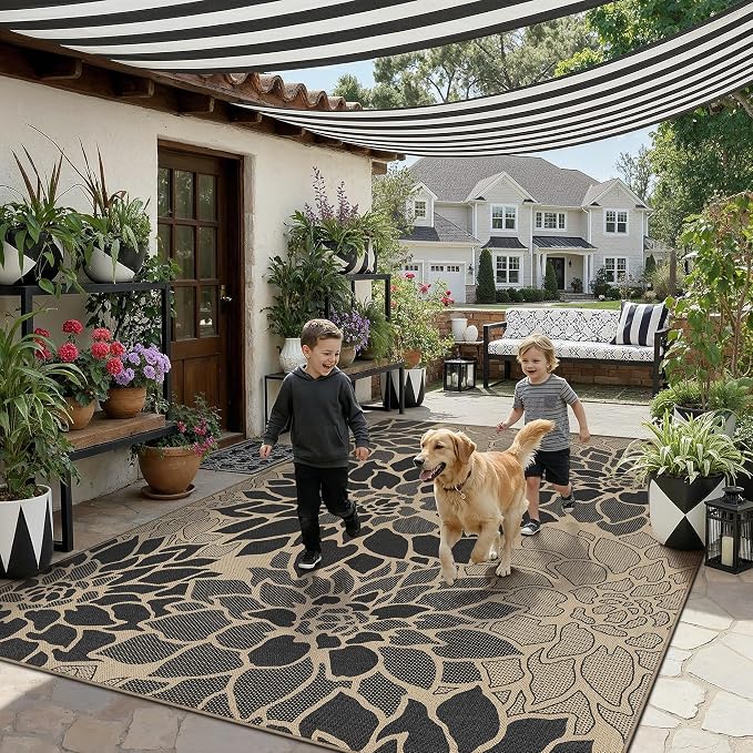 PureCozy 6x9 Easy Jute Outdoor Rug Black Floral Textured Indoor Outdoor Area Rug Farmhouse Patio Carpet for Backyard, Patio, Porch, Easy-Cleaning, High Traffic, Pet-Friendly, Non-Shedding