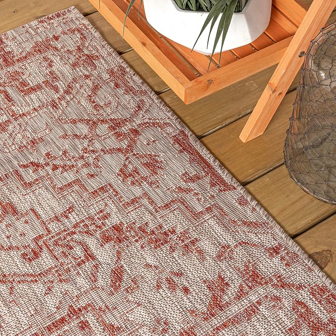 JONATHAN Y Boho Medallion Indoor Outdoor Runner Rug 2X10 Red/Taupe, Estrella Textured Weave for Backyard, Patio, Porch, Easy-Cleaning, High Traffic, Pet-Friendly, Non-Shedding (SMB105A-210)