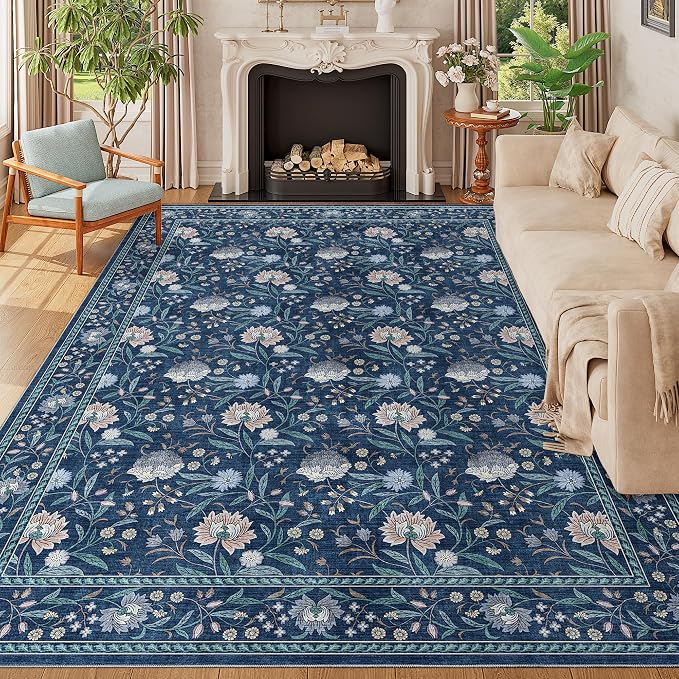 DUKINO 9x12 Area Rug for Living Room Vintage Floral Washable Rug, Dark Blue | Non Slip, Low Pile, Non-Shedding, Stain Resistant, Aesthetic Soft Indoor Large Carpet for Bedroom Dining Room Farmhouse