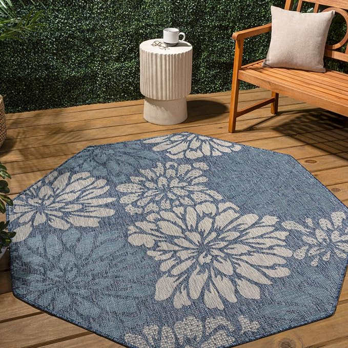 JONATHAN Y Floral Textured Weave Indoor Outdoor Octagon Area Rug 8 Ft Navy/Aqua, Zinnia Modern for Backyard, Patio, Porch, Easy-Cleaning, High Traffic, Pet-Friendly, Non-Shedding (SMB110C-8TGN)