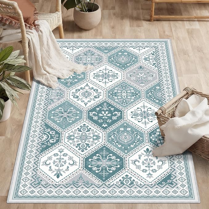 3x5 Washable Rug, Soft Non-Slip Boho Moroccan Rug, Low-Pile Printed Indoor Teal Throw Rugs for Entryway, Kitchen, Bedroom Bedside, Entrance- Teal