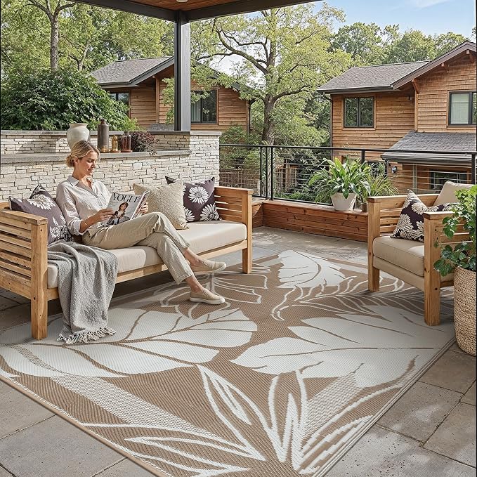 HUGEAR 6'x9' Outdoor Rug Waterproof Plastic Straw Rugs Brown Reversible Olive Leaf Mat Floor Carpet for Camping RV Deck Entryance Porch Picnic Balcony Beach Backyard