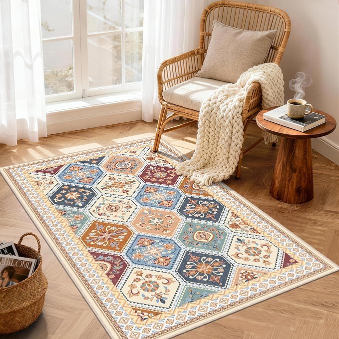 3x5 Washable Rug, Soft Non-Slip Boho Moroccan Rug, Low-Pile Printed Indoor Throw Rugs for Entryway, Kitchen, Bedroom Bedside, Entrance- Multi | Low-Pile Printed Indoor Throw Rugs for Entryway, Kitchen, Bedroom Bedside, Entrance
