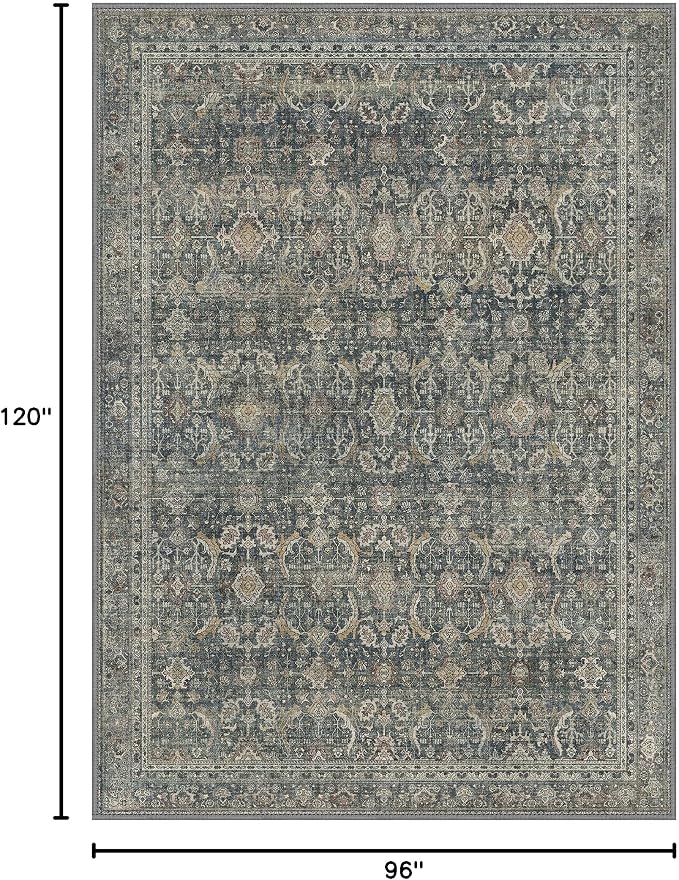 BESBLEE 8X10 Area Rugs Machine Washable Rugs for Living Room, Vintage Boho Large Rugs for Bedroom Dining Room, Non Slip Indoor Soft Distressed Lightweight Thin Low Pile Carpet, Deep