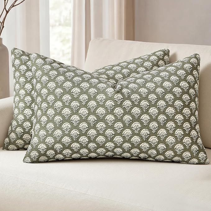 MIULEE Set of 2 Decorative Floral Lumbar Pillow Covers Neutral Vintage Throw Pillows Block Print Boho Farmhouse Cushion Covers for Modern Home Decor Couch Sofa Bed Living Room, 12x20 Inch, Sage Green