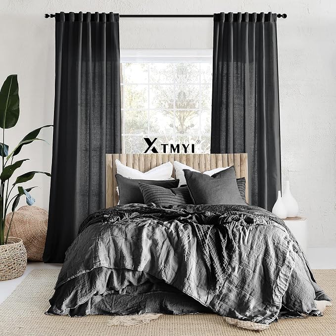 XTMYI Black Curtains 96 Inches Long for Bedroom 2 Panels Linen Sheer Lace Farmhouse Boho Gothic Curtain Drapes for Living Room Home Decor