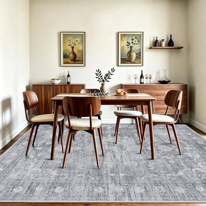 5x7 Area Rugs, Vintage Boho Carpet for Bedroom, Living Room, Gray | TTelephant Washable Low Pile Rug for Dining Roomwith Non-Slip Silicone Backing, Stain Resistant