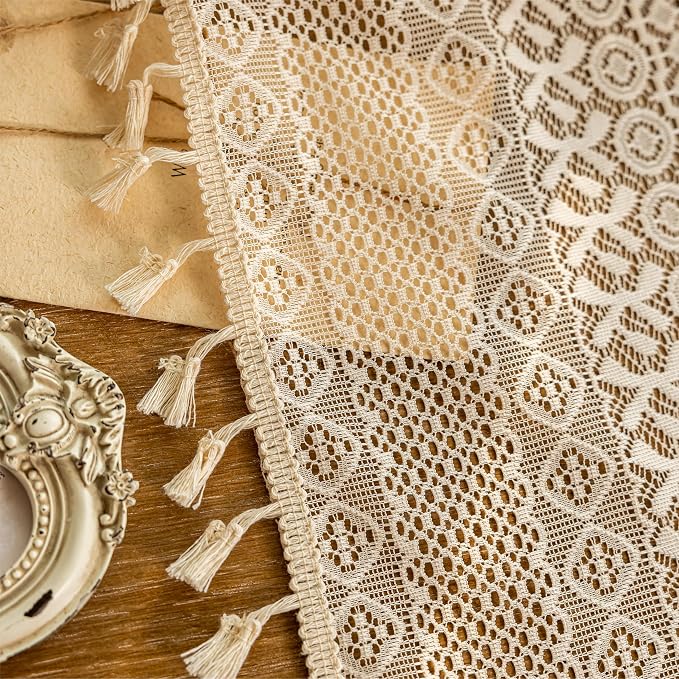 Sutuo Home Beige Boho Kitchen Curtains 54 inches long, Cottagecore Sheer Lace Curtains for Nursery Privacy Crochet Light Filtering Vintage Chic Tassels Bohemian Window Drape Rod Pocket, 2 Panels 50" W