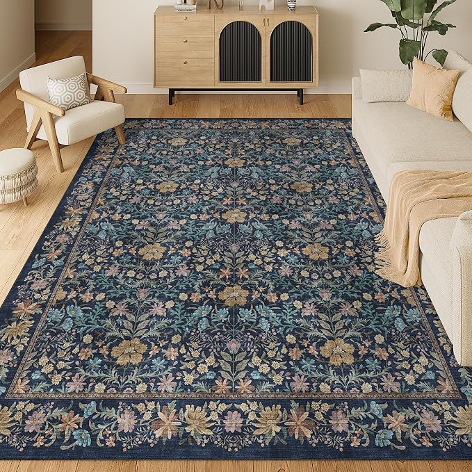 DUKINO 8x10 Area Rug, Vintage Floral Washable Rug for Living Room Dark Blue | Non Slip, Low Pile, Non-Shedding, Stain Resistant, Aesthetic Soft Indoor Large Carpet for Bedroom, Dining Room, Farmhouse