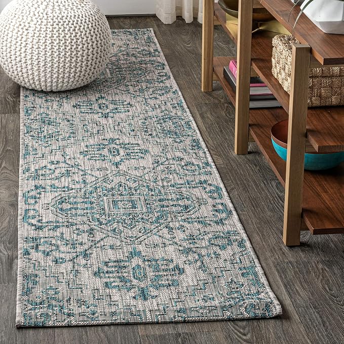 JONATHAN Y Boho Medallion Indoor Outdoor Runner Rug 2X8 Teal/Gray, Estrella Textured Weave for Backyard, Patio, Porch, Easy-Cleaning, High Traffic, Pet-Friendly, Non-Shedding (SMB105C-28)