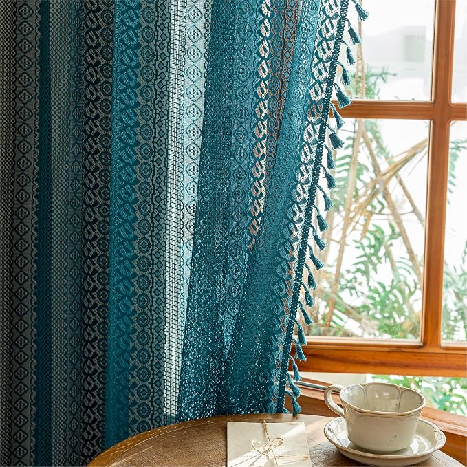 Sutuo Home Boho Lace Teal Curtains 96 inches Long for Living Room Bedroom, Semi Sheer Curtains Turquoise Farmhouse Privacy Crochet Vintage Tassels Window Decor Rod Pocket Decor, 2 Panels 50" W