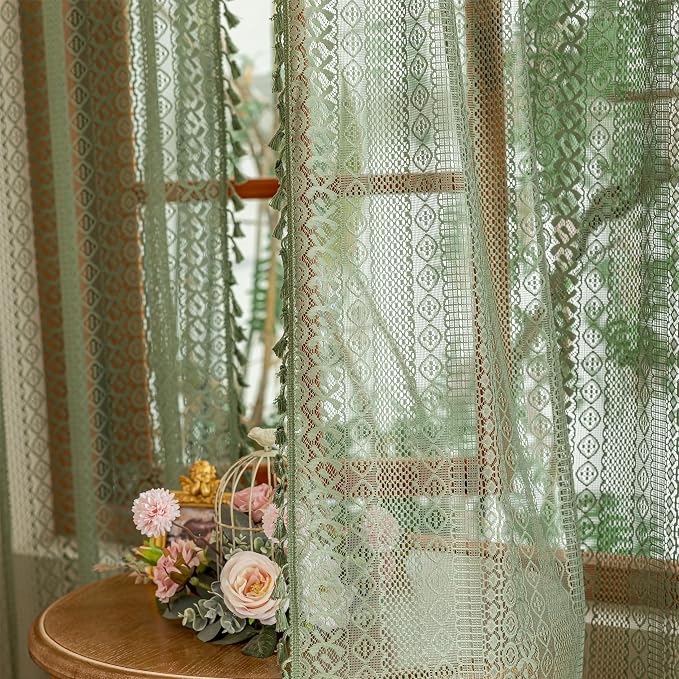 Sutuo Home Olive Green Boho Lace Sheer Curtains, Farmhouse Crochet Privacy Vintage Bohemian Tassels Retro Christmas Decor Window Curtains for Living Room Bedroom Rod Pocket,2 Panels 50" x 102"