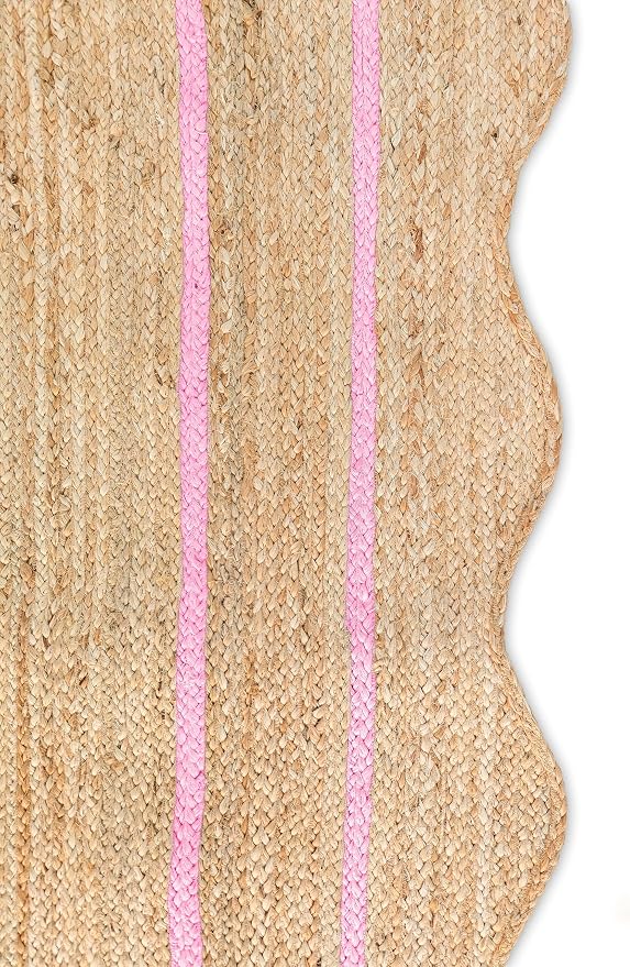 Wave Scalloped Natural Jute Runner, Light Pink (3'x5'): Boho Farmhouse Scallop Entryway Rug