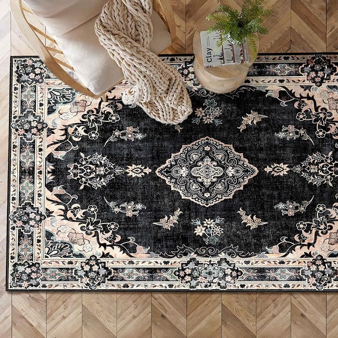 MUJOO Black Rug 3x5 Washable,Boho Area Rugs Small Non Slip Low-Pile Floral | Machine Washable Throw Carpet for Entryway Bedroom Bedside Kitchen Hallway Living Room Soft Indoor Vintage Bohemian Flowers