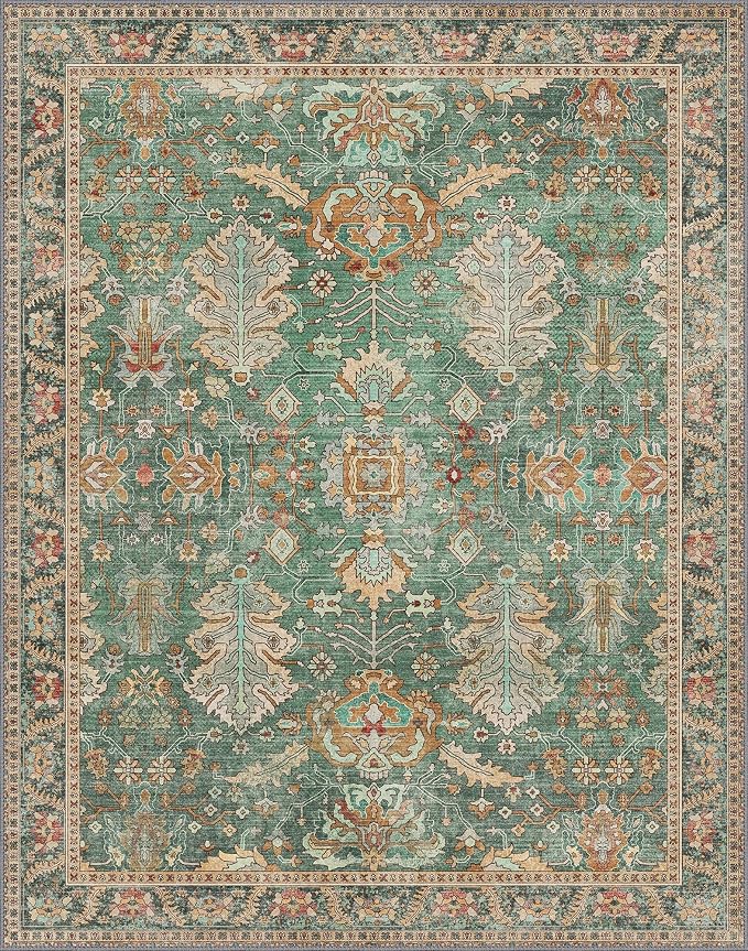 Bavni Living Room Rug, Modern Area Rugs 5x7 Non-Slip Washable, Chenille Printed Vintage Rugs for Bedroom Dinning Room Office, Sage/Gold