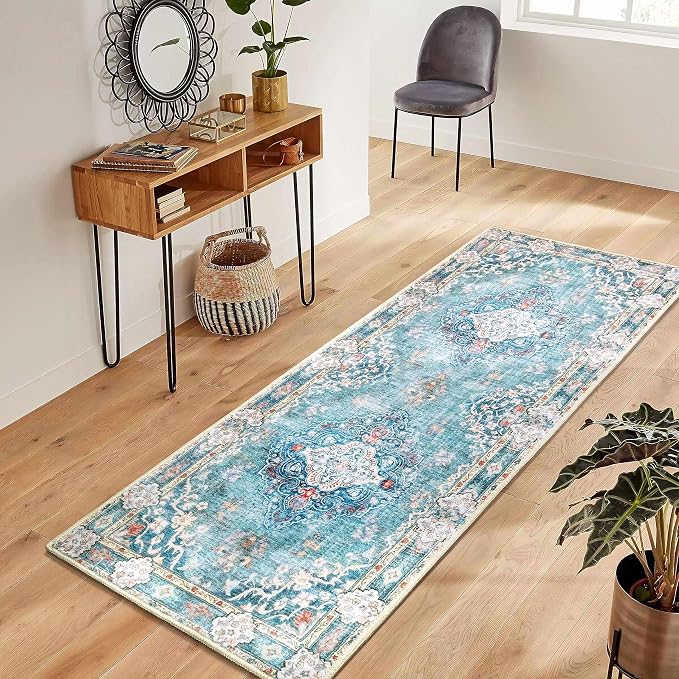 MUJOO Teal Runner Rug Washable 2x6 Area Rugs Non Slip Low-Pile Flowers | Long Throw Carpet for Hallways Entryway Kitchen Bathroom Bedside Bedroom Laundry Boho Soft Indoor Retro Floral Blue Colorful
