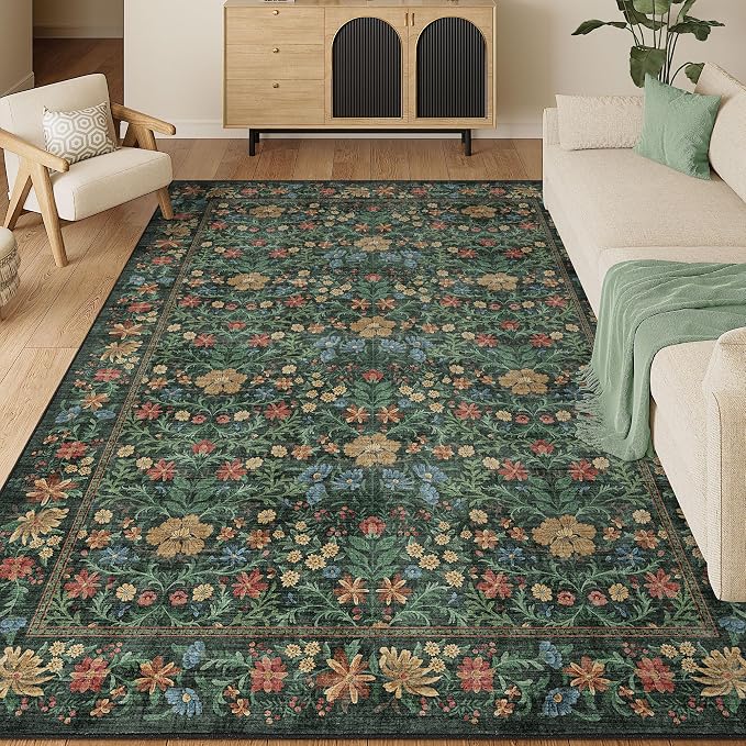 DUKINO 6x9 Area Rug, Vintage Floral Washable Rugs for Living Room, Green | Non Slip, Low Pile, Non-Shedding, Soft Indoor Large Carpet for Bedroom, Office, Dining Room, Farmhouse, Nursery, Home Decor