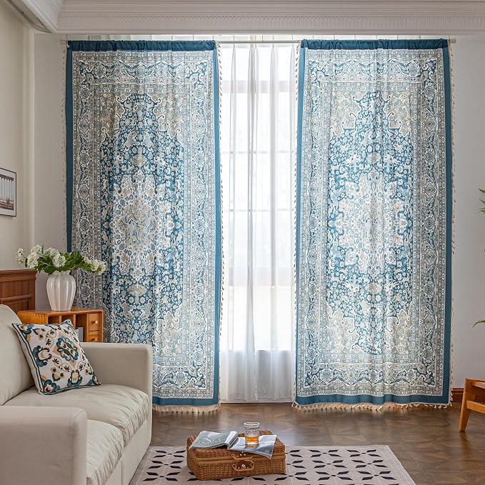 Blue Medallion Curtains 63 Inches Long, Boho Farmhouse Light Filtering Rod Pocket Drapes with Tassel Trim for Bedroom Living Room, 2 Panels