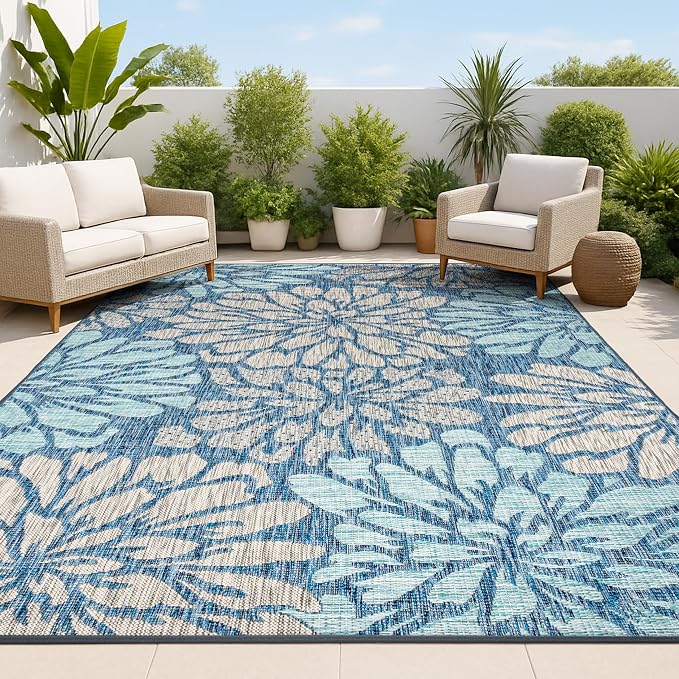 JONATHAN Y Floral Textured Weave Indoor Outdoor Area Rug 9X12 Navy/Aqua, Zinnia Modern for Backyard, Patio, Porch, Easy-Cleaning, High Traffic, Pet-Friendly, Non-Shedding (SMB110C-9)