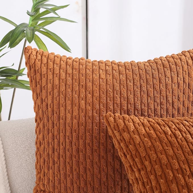 VAKADO Fall Throw Pillow Covers 20x20 Decorative Set of 4 Couch Corduroy Rust Boho Rustic Cushion Case Farmhouse Decor Square for Home Living Room Bed Sofa,Terracotta