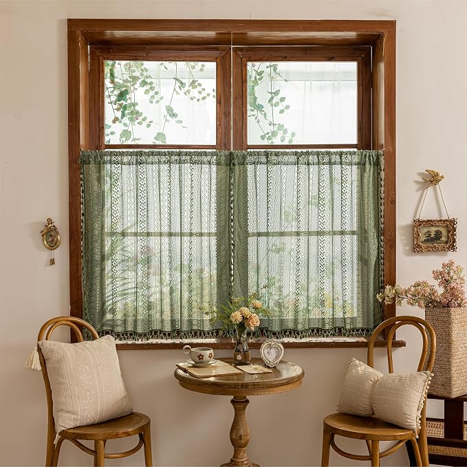 Sutuo Home Boho Closet Curtains for Kitchen Window Over Sink, French Country Lace Sheer Privacy Vintage Chic Tassels Cottage Bohemian Style Rustic Rod Pocket Decor, 50" x 36" Olive Green 2 Panels