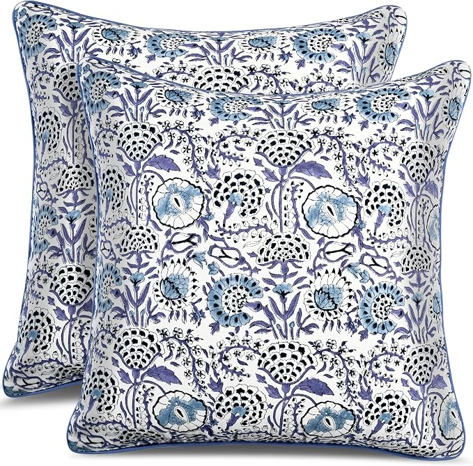 CPC 100% Cotton Throw Pillow Covers 20x20 Inch, Set of 2 Blue Block Print Pattern Couch Pillow, Cute Boho Decorative Pillows for Living Room, Bedroom with Hidden Zipper- Indigo Blue