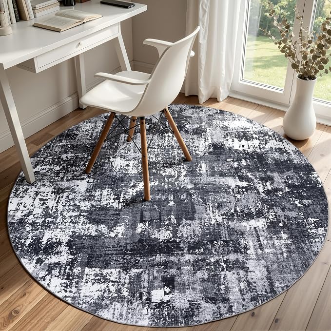 Sasttie 4ft Soft Round Area Rug, Modern Abstract Washable Circle Carpet for Living Room, Bedroom, Dining Room Table, with Non-Slip Backing, Black and White
