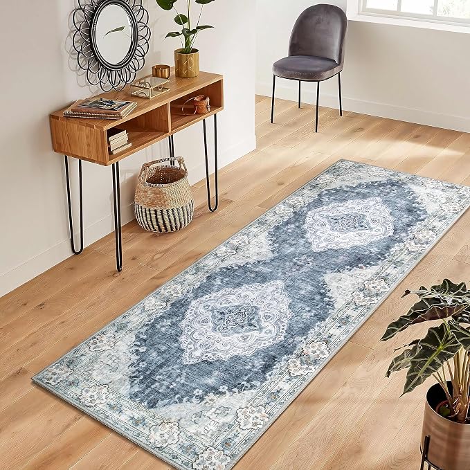 MUJOO Washable Runner Rug 2x6 Area Rugs Non Slip Low-Pile Flowers | Long Throw Carpet for Hallways Entryway Kitchen Bathroom Bedside Bedroom Laundry Boho Soft Indoor Floral Blue and Grey