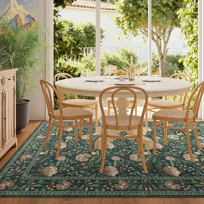 DUKINO 5x7 Area Rugs, Vintage Floral Washable Rug for Living Room, Green | Non Slip, Low Pile, Non-Shedding, Stain Resistant Lightweight Boho Soft Carpet for Bedroom Home Office Dining Room Farmhouse