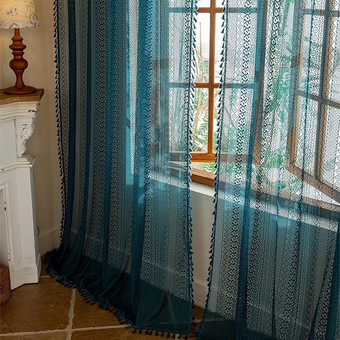 Sutuo Home Boho Curtains 2 Panels for Kitchen Nursery,Turquoise Lace Curtains Semi Sheer Crochet Vintage Hollow Country Tassels Bohemian Drape Privacy Window Treatments Rod Pocket, 50" x 63" Teal