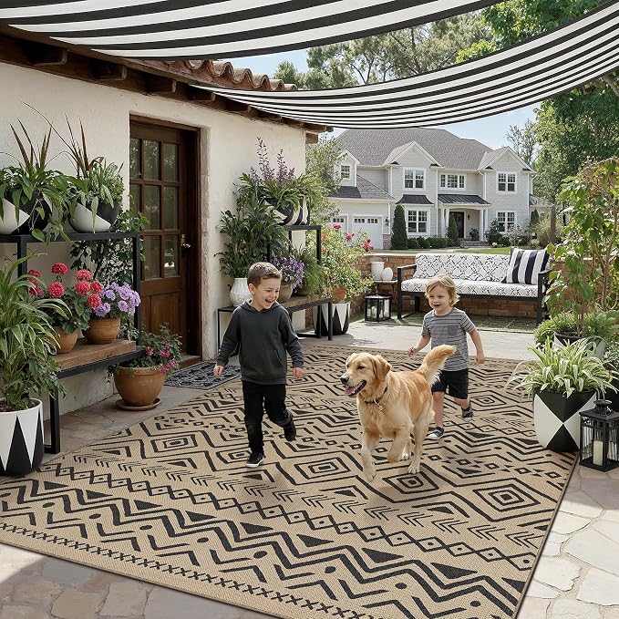 PureCozy 9x12 Easy Jute Outdoor Rug Black Boho Indoor Outdoor Area Rug Farmhouse Patio Carpet for Backyard, Patio, Porch, Living Room，Easy-Cleaning, High Traffic, Pet-Friendly, Non-Shedding