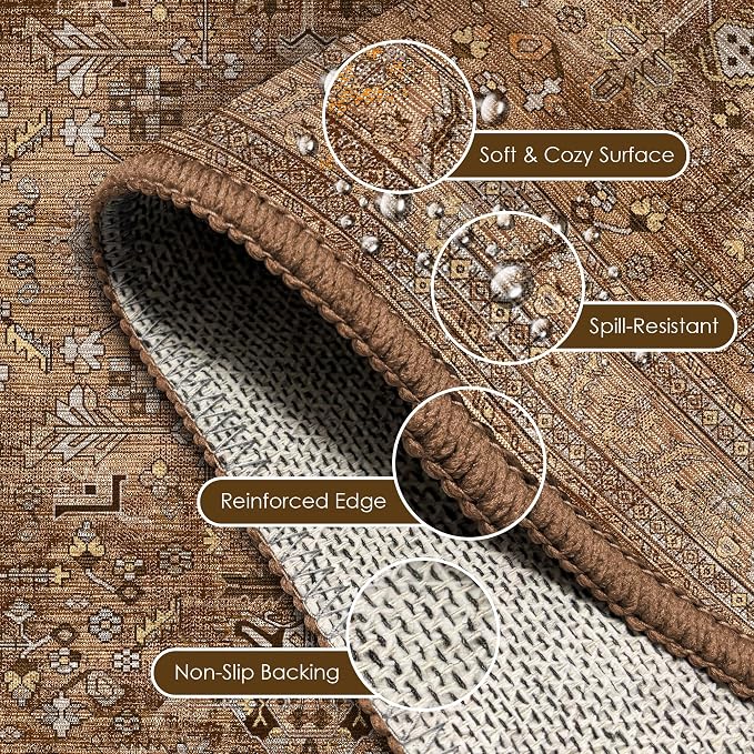 Washable Area Rug 8' x 10' Vintage Traditional Persian Mat - Foldable Distressed Non-Slip Machine Washable Carpet for Living Room Bedroom Kitchen Home Decor - Bronze and Ivory