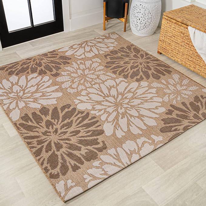 JONATHAN Y Floral Textured Weave Indoor Outdoor Square Area Rug 6X6 Brown/Cream, Zinnia Modern for Backyard, Patio, Porch, Easy-Cleaning, High Traffic, Pet-Friendly, Non-Shedding (SMB110I-6SQ)