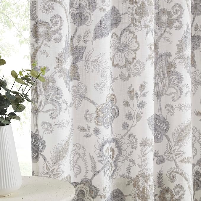 Kayne Studio Botanical Print Semi Sheer Curtains, Linen Grey Floral Leaf Farmhouse Curtains for Bedroom Living Room, Linen Curtain Light Filtering Drapes, Rod Pocket Back Tab,52"x95",2 Panels