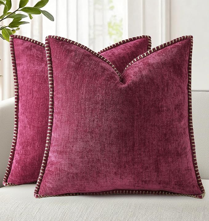 decorUhome Soft Chenille Throw Pillow Covers 16x16 Set of 2 Rhododendron | Fall Textured Decorative Throw Pillow Cases Stitched Edge Modern Farmhouse Luxury Boho Velvet for Couch Sofa Bed Home Decor