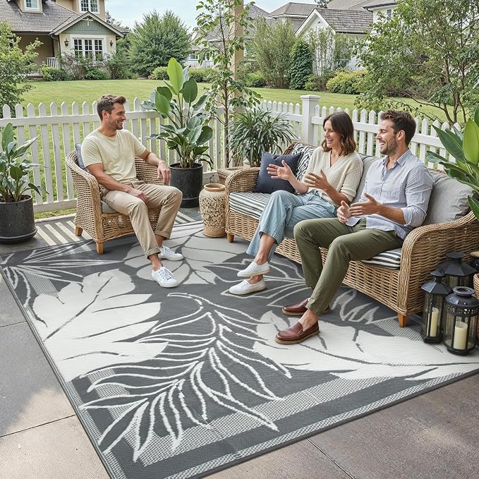 HUGEAR 8'x10' Outdoor Rug Waterproof Plastic Straw Rugs Large Grey Reversible Olive Leaf Mat Floor Carpet for Camping RV Deck Entryance Porch Picnic Balcony Beach Backyard