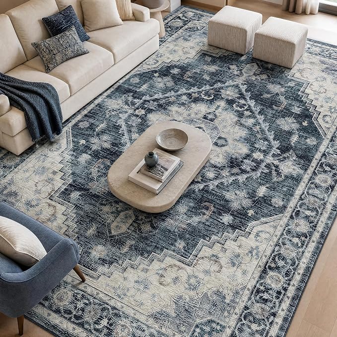 Garvee Navy Blue 9x12 Area Rugs for Living Room, Boho Vintage Non-Slip Washable Rug Low Pile Stain Resistant Soft Foldable Large Carpet for Bedroom Dining Home Decor
